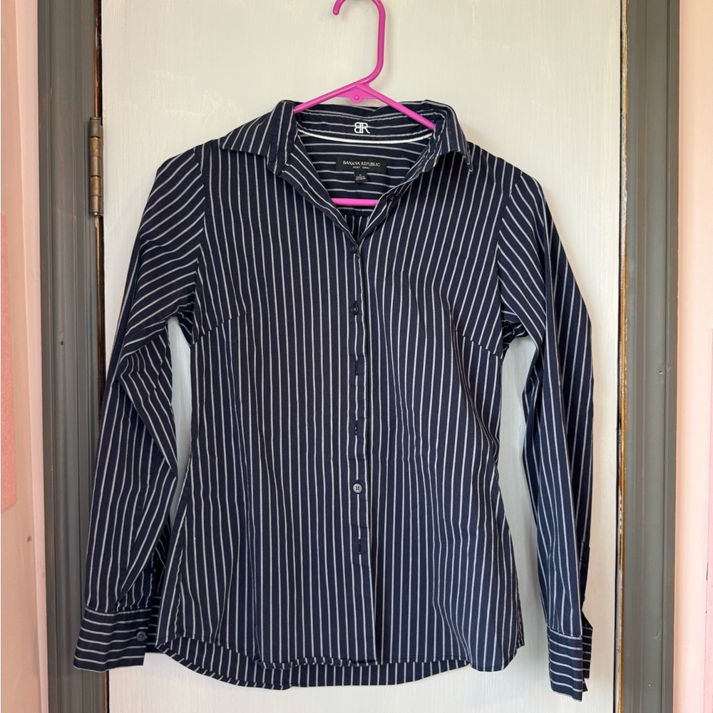 Banana Republic Navy and White Pinstripe Button-Down Shirt
